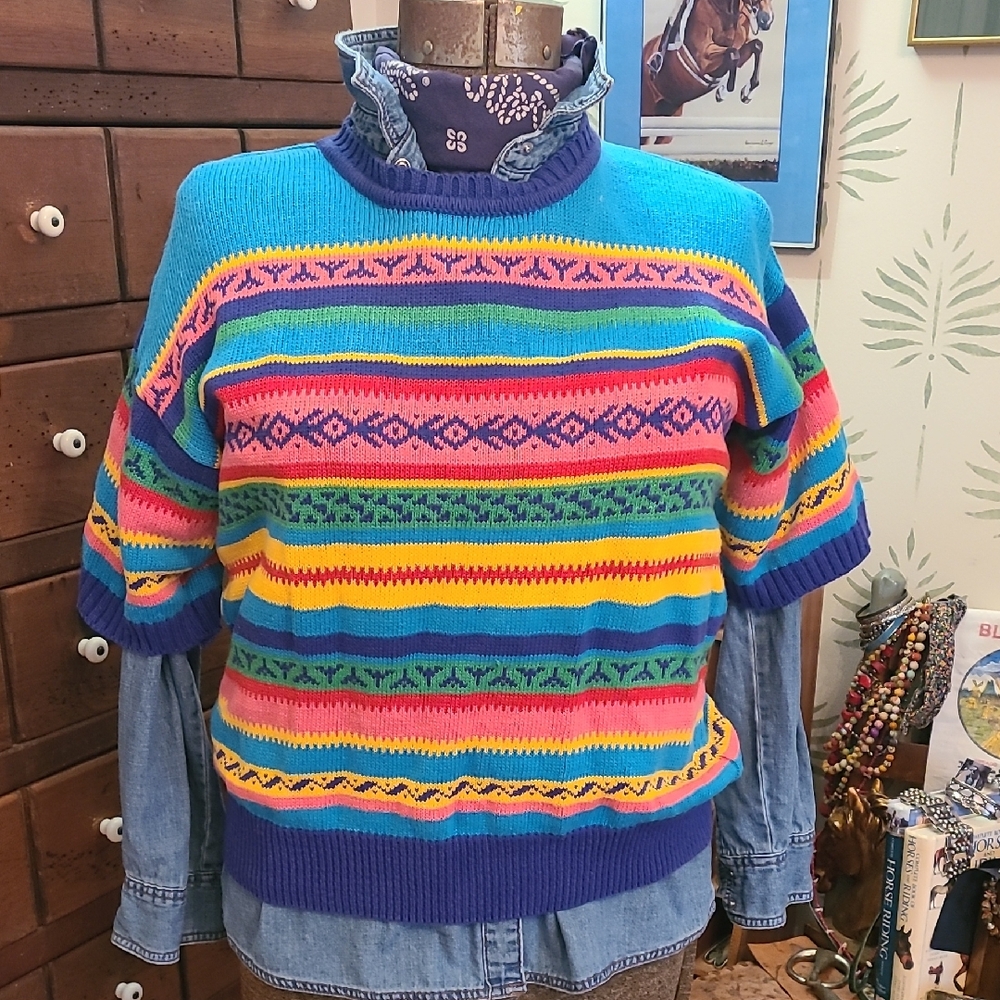 Vintage Multicolor Crewneck Sweater Spring Summer Funky Pattern Sz LARGE